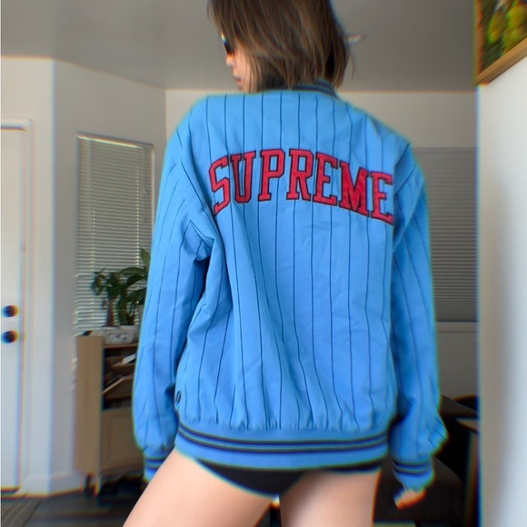 Supreme Sky Blue Varsity Jacket with Red Logo